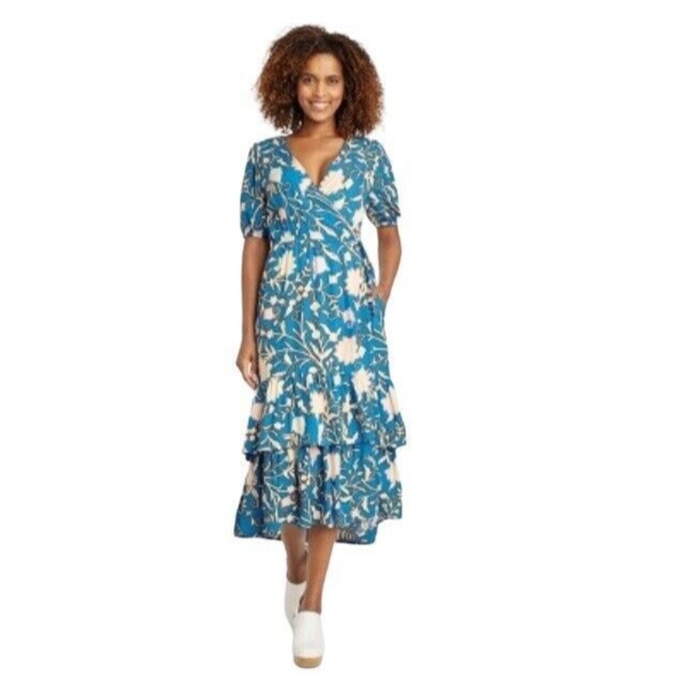 Knox Rose Women's Medium Short Sleeve Wrap Dress Blue Floral Print Pocket Maxi